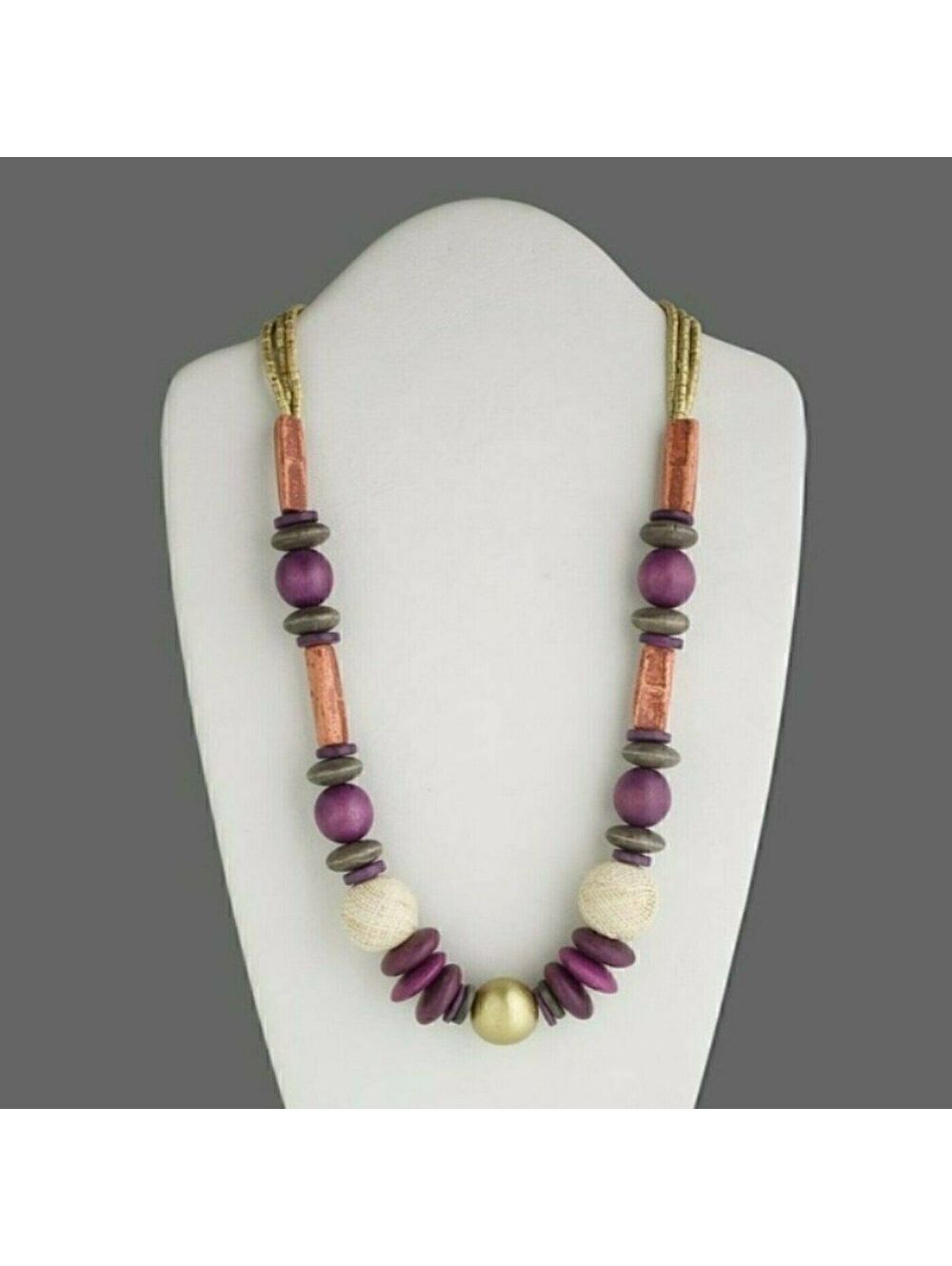 Handcrafted Philippines Long Wood Coco Shell Necklace Gold Purple